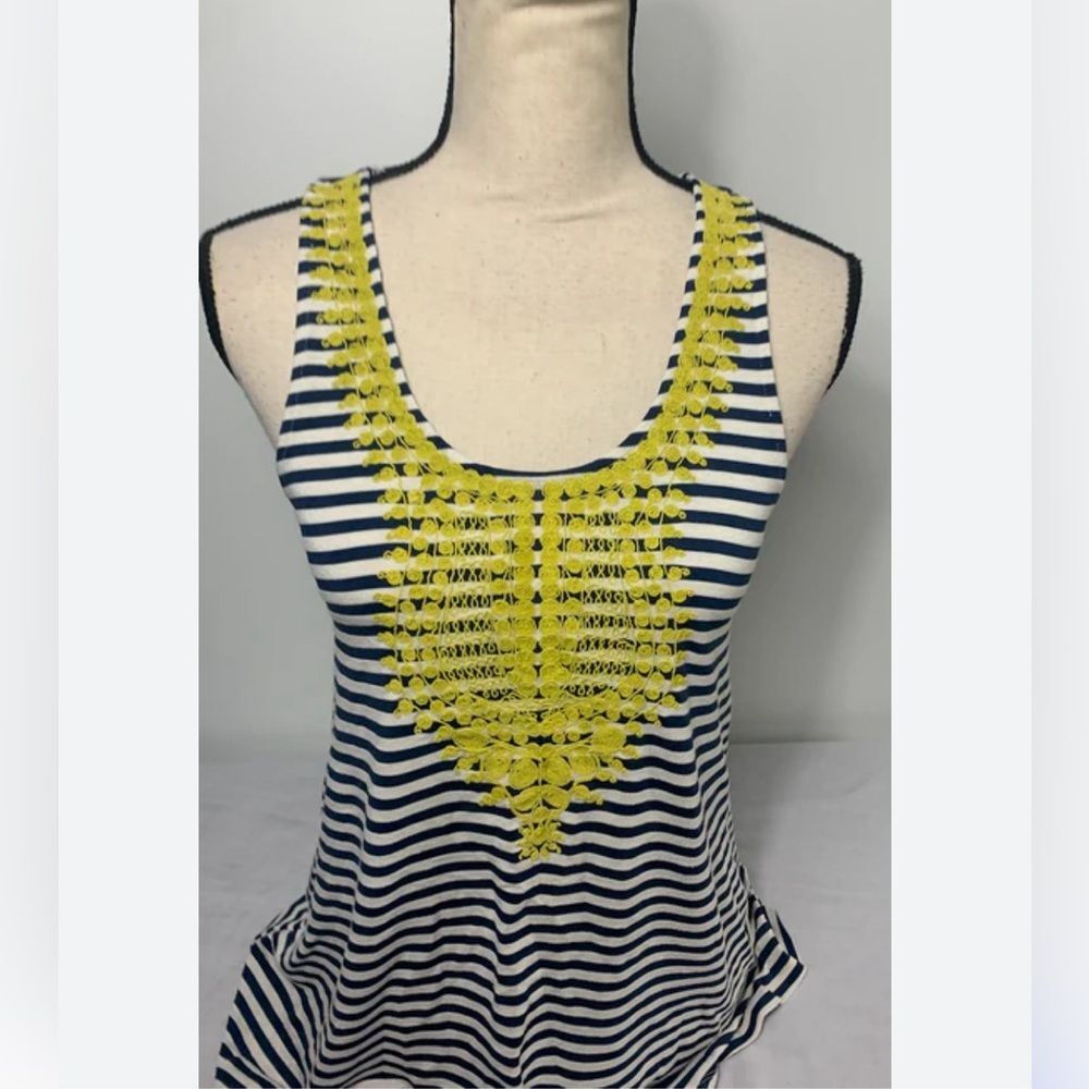 THML Anthropologie navy white striped tank top with yellow embroidery MED